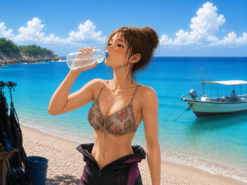 海辺でウェットスーツの上半身を脱ぎペットボトルの水を飲んでいる女性ダイバー