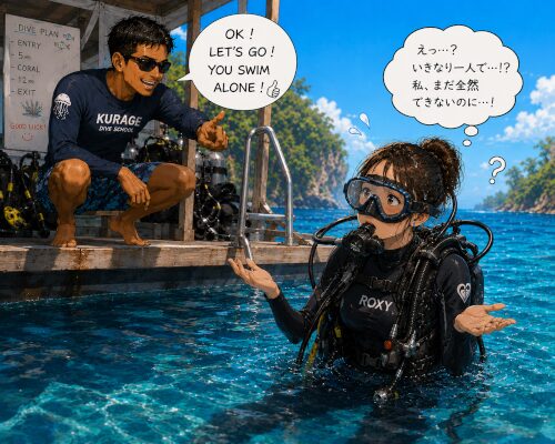 体験ダイビングなのに一人で泳ぐよう言われ戸惑う女性ダイバー