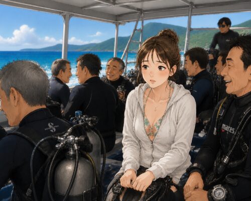 大人数の男性ダイバーばかりのダイビングボートで不安そうにしている女性