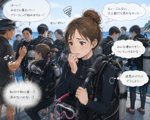 大人数のダイビングツアーで緊張している初心者の女性ダイバー