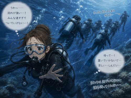 大人数で潜らされて強い流れの中で疲れておいて行かれそうな女性ダイバーのイラスト