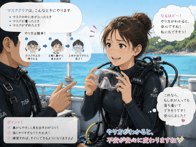 マスククリアの説明を聞いて安心した表情を見せる初心者女性ダイバー