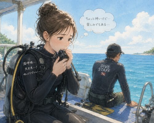 ダイビングのエントリー前に呼吸を整えながら緊張している初心者女性ダイバー