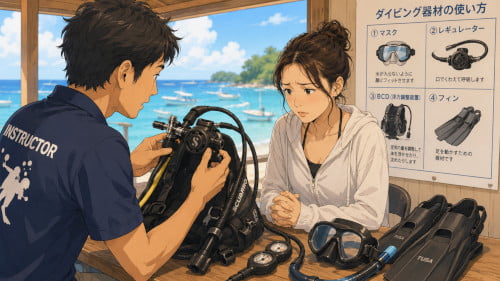 ダイビング器材の説明を不安そうな表情で聞いている初心者女性ダイバー
