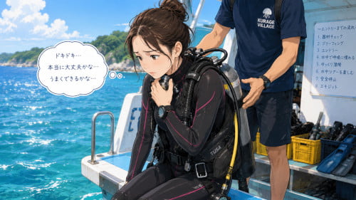 ボートエントリー前に緊張した表情で海を見つめる女性ダイバー