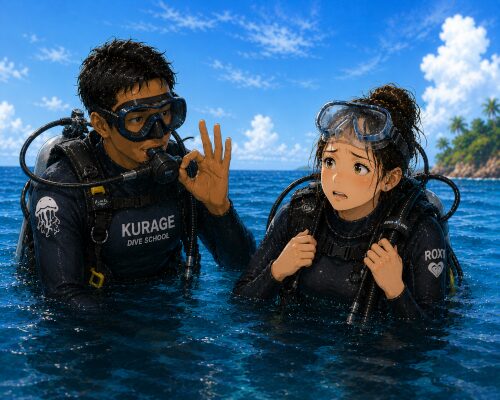 水面で少し緊張しながらインストラクターのOKサインを見ている女性ダイバー