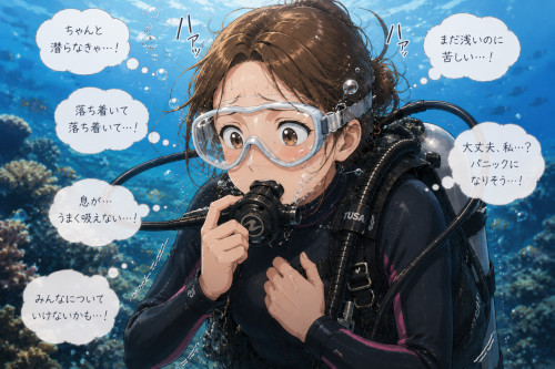 ちゃんと潜ろうとして焦り、呼吸が荒くなっている初心者女性ダイバー