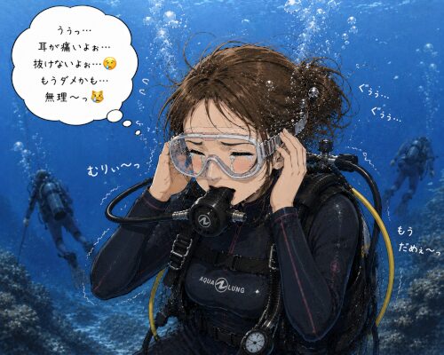 焦りすぎで耳もうまく抜けなくてプチパニックになっている女性ダイバーのイラスト