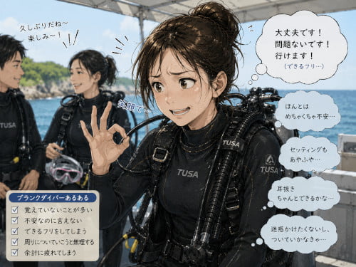 不安を隠して大丈夫なフリをしているブランク女性ダイバー