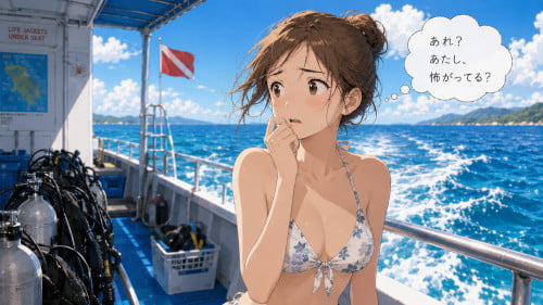 ダイビングボートの上で自分の緊張に気づいて不安そうな女性ダイバー