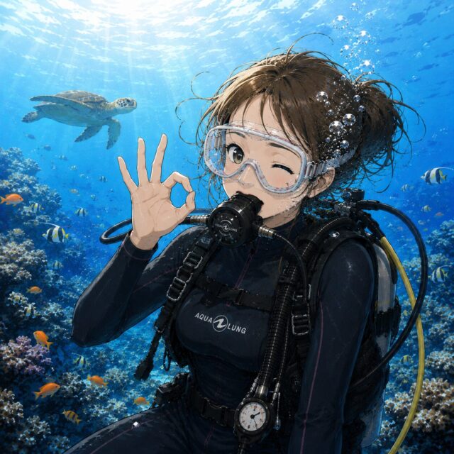 のんびりゆっくり安心のスローダイブでリラックスしてダイビングを楽しみOKサインを出す女性ダイバーのイラスト