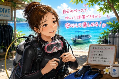 自分のペースでゆっくり準備しながら安心してダイビングを楽しむ女性ダイバー