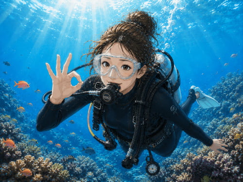 海中で安心した表情でOKサインを出している女性ダイバー