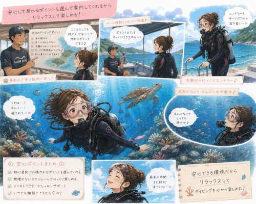 初心者向けの穏やかなダイビングポイントでリラックスして潜る女性ダイバー