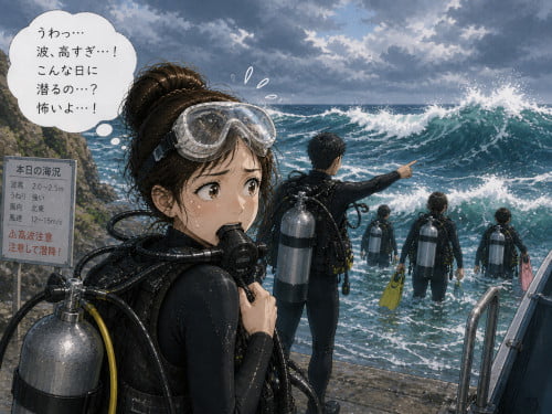 波が高い海を見て怖くなっている初心者女性ダイバー