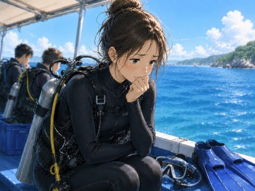 海に入る直前になって急に不安と緊張を感じている初心者女性ダイバー
