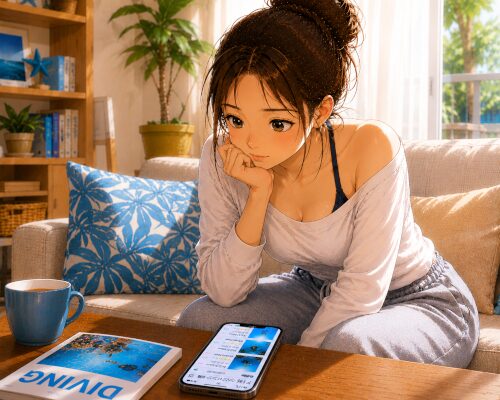 自宅でスマホを見ながらダイビングショップを探している女性