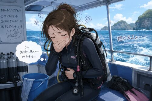 ダイビングボートの上で船酔いして気分が悪そうな女性ダイバー