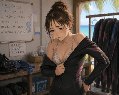 体調が悪いのに無理をしてウェットスーツを着ようとしている女性ダイバー