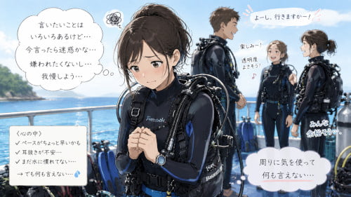 周りに気を使って不安を言い出せない女性ダイバーがボート上で緊張している様子