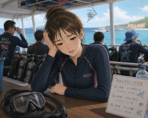 寝不足のままダイビングツアーに参加して疲れた表情をしている女性ダイバー