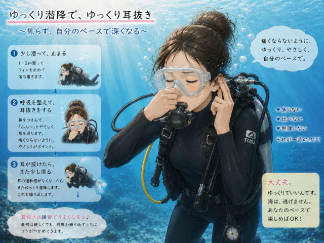 ゆっくり潜降しながら落ち着いて耳抜きをしている初心者女性ダイバー