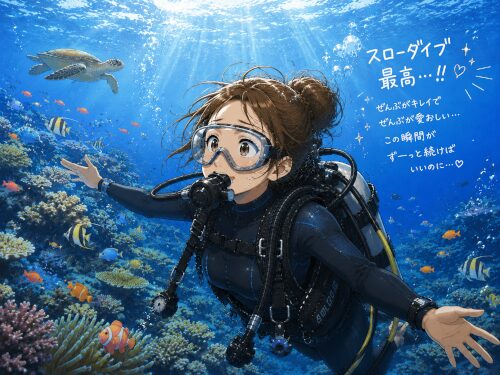 スローダイブでバリ島の海を楽しみまくってる女性ダイバーのイラスト