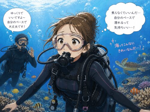 バリ島くらげ村のガイドにゆっくりでいいですよと声をかけてもらえ、リラックスしてダイビングを楽しんでる女性ダイバーのイラスト