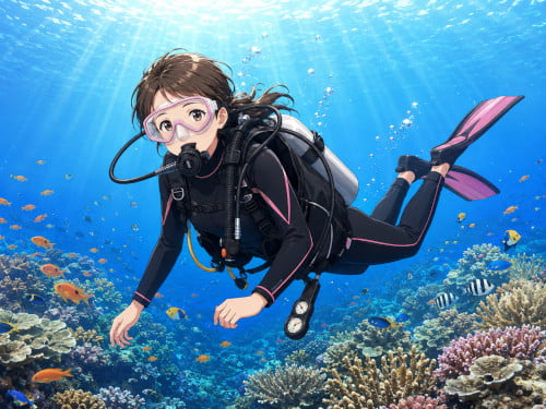 スローダイブで安心しながらバリ島の海中をゆっくり楽しむ女性ダイバー