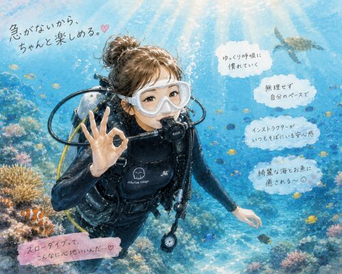 スローダイブで安心しながら水中を楽しむ初心者女性ダイバー