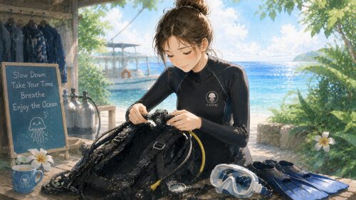 ゆっくり呼吸を整えながら落ち着いてダイビング準備をする初心者女性ダイバー