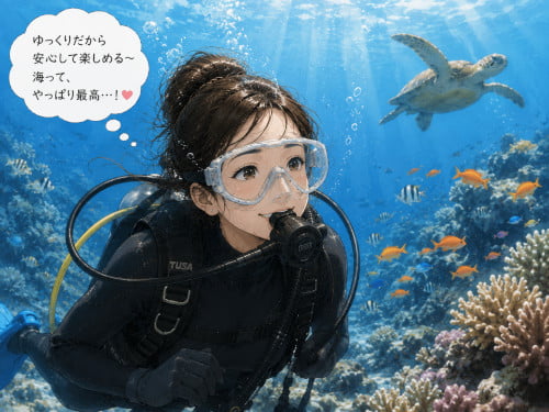 ゆっくりしたスローダイブで安心して水中を楽しむ初心者女性ダイバー