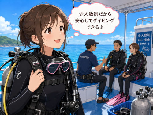 少人数制だから安心してダイビングできると感じている女性ダイバー