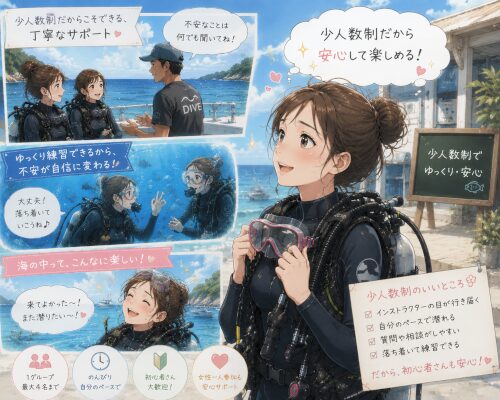 少人数制のダイビングサービスで安心している女性ダイバー