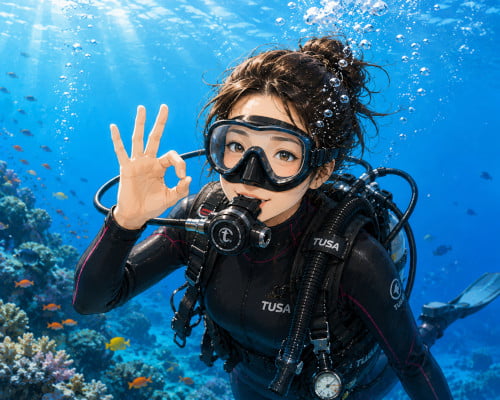 バリ島の海中で笑顔でOKサインを出している女性ダイバー