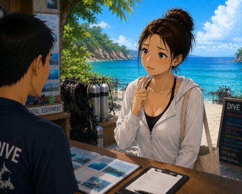 バリ島のダイビングショップで一人参加について相談している女性