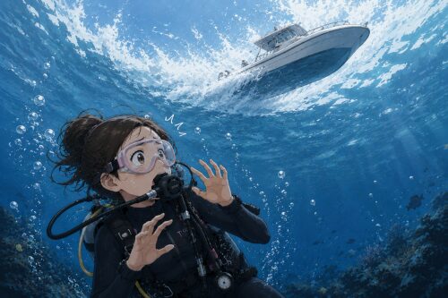 水面を走るスピードボートを水中から見上げて不安になる女性ダイバー