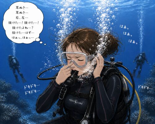 耳抜きに集中しすぎて息が荒れてしまっている女性ダイバーのイラスト