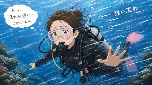 強い流れに流されそうになり不安そうな表情をする初心者女性ダイバー
