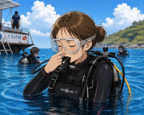 水面で落ち着いて耳抜きをしている女性ダイバーのイラスト