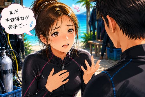 中性浮力への不安をガイドに相談している初心者女性ダイバー
