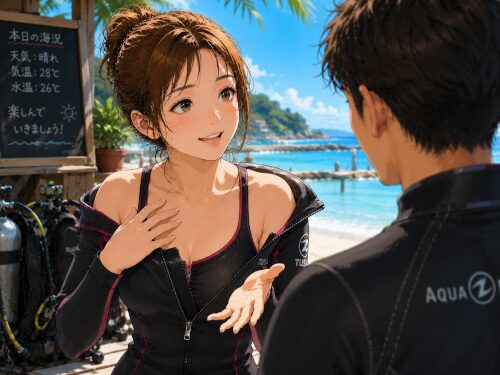 ダイビング前に不安を笑顔でインストラクターへ相談している女性ダイバー