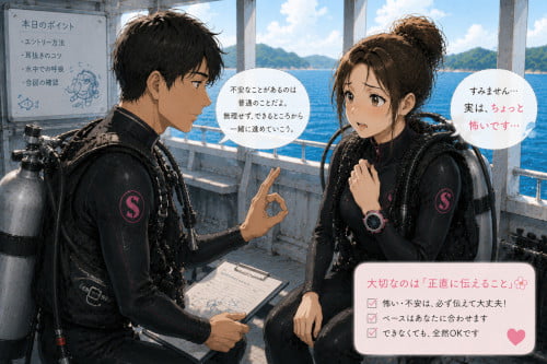 ダイビング前にインストラクターへ正直に不安を伝えている女性ダイバー