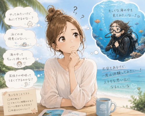 体験ダイビングに興味はあるけど少し不安そうな女性
