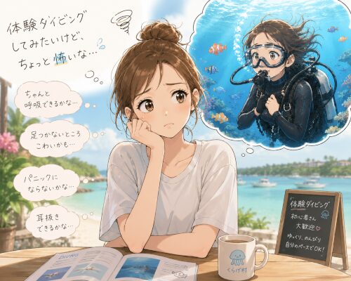 初めての体験ダイビングに不安を感じている初心者の女性