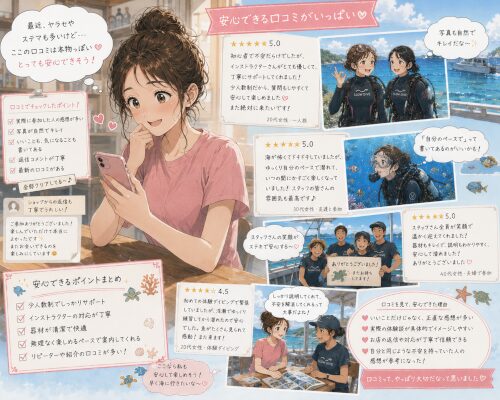 ダイビングショップの口コミを見て安心している女性