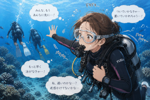他のダイバーについて行こうとして焦っている女性ダイバー
