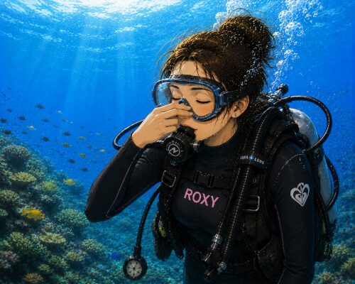 レギュレーターを咥えながら水中で耳抜きをしている女性ダイバー