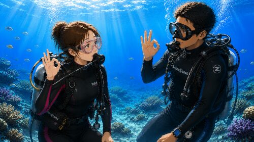 安心してOKサインを出しながらダイビングを楽しむ初心者女性ダイバーとインストラクター