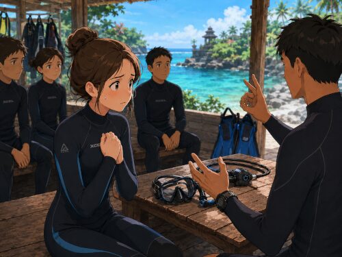 ダイビングのブリーフィング中に説明を覚えられるか不安になっている女性